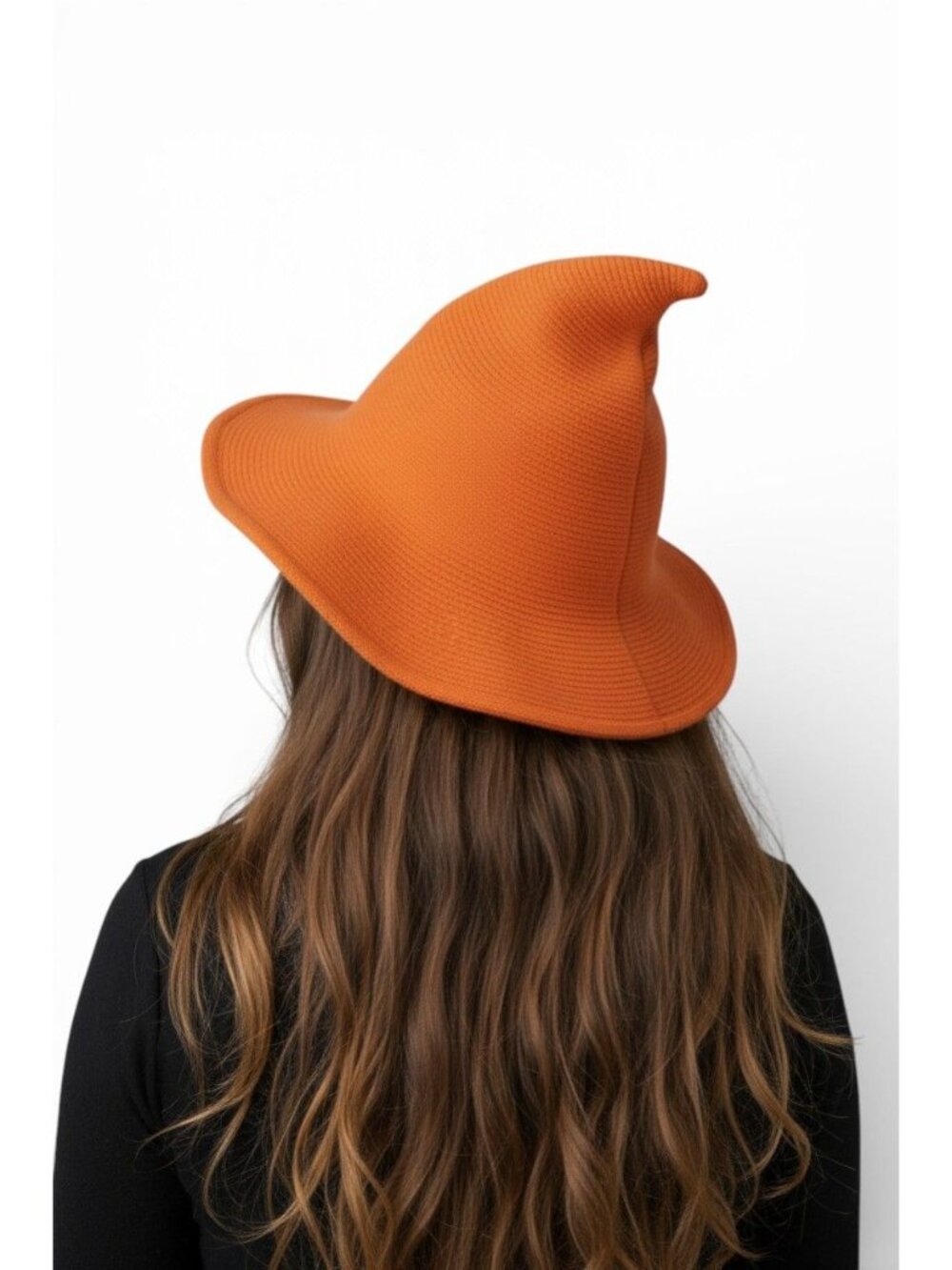 Orange Knit Pointy Witch Hat Soft Textured Wide Brim Accessory